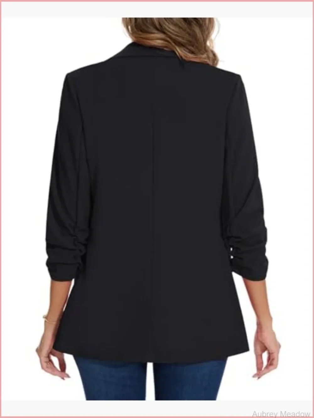 3/4 Ruched Sleeve Blazer Notch Lapel Open Front Jacket with Pockets